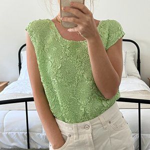Vintage 90s Y2K Light Green Crinkle Ruched Stretch Tank Top Size L VTG DIAMOND